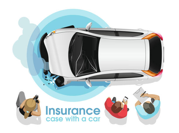 Insurance Agents Assess Car Accident Damage The insurance agent and the photographer investigate and photograph the broken white car in the presence of the owner and process insurance documents claim form photos stock illustrations