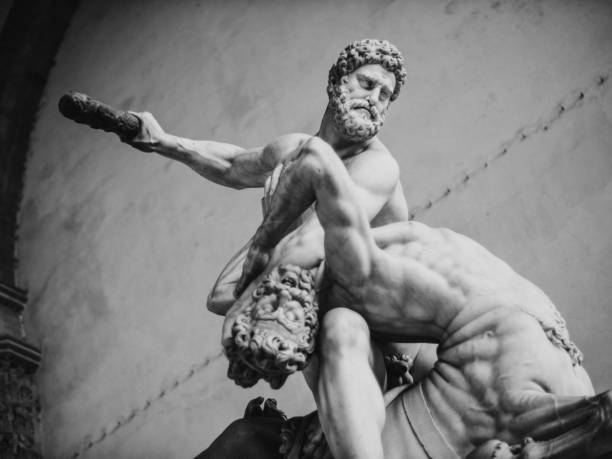 Florence, Italy - August 25, 2014: Awesome view of statues in the Loggia dei Lanzi (the Loggia della Signoria). Menelaus Carrying the Body of Patroclus, Ulpia Marciana and statue of Thusnelda.