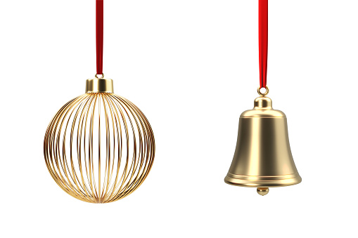 Golden Christmas bell and bauble hanging from red ribbons over white background. Horizontal composition with copy space. Great use for Christmas related concepts.