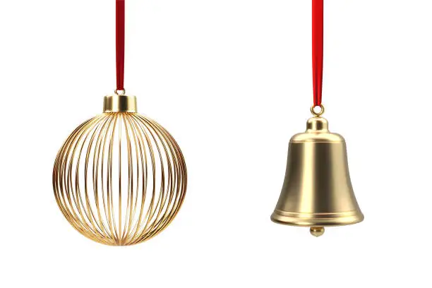 Photo of Golden Christmas Bell and Bauble Hanging From Red Ribbons Over White Background