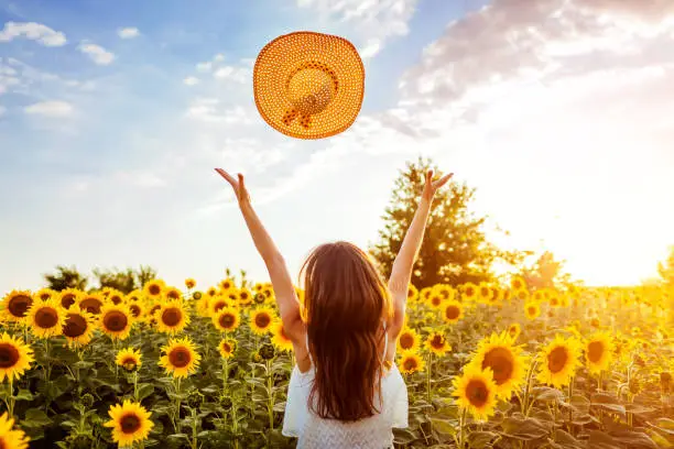 Photo of Young woman walking in blooming sunflower field throwing hat up and having fun. Summer vacation