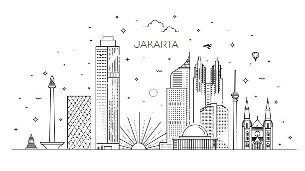 Jakarta Cityscape with Landmarks. Indonesia Jakarta Linear City Skyline. Vector illustration jakarta skyline stock illustrations