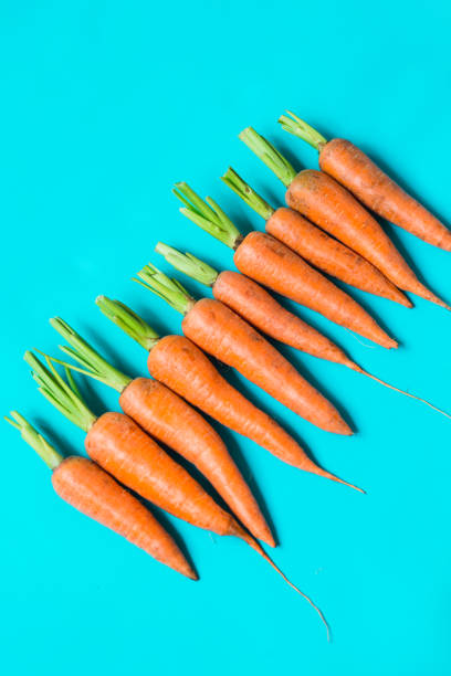 istock several fresh carrots lie in a row on a blue background. 1161210070