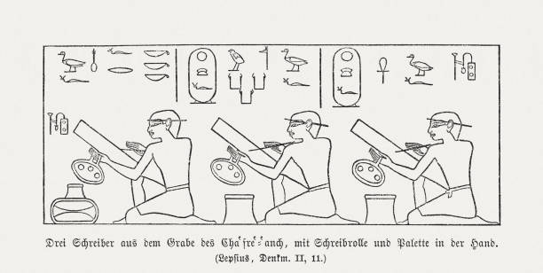 세 서기관, 고대 이집트 벽화 (고대 왕국), 목판, 출판 1879 - scribe stock illustrations