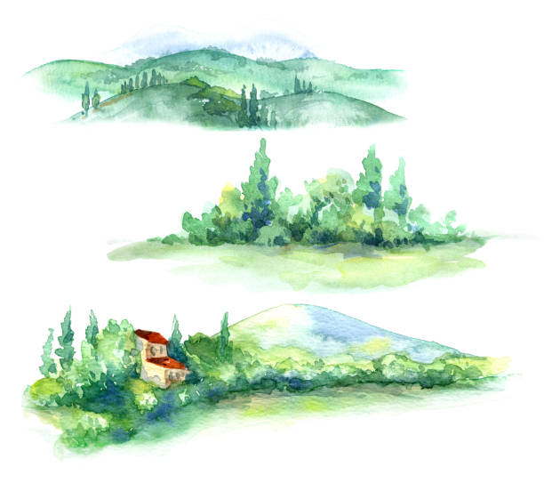 家、丘、木々や茂みと田舎のシーン - val tuscany cypress tree italy点のイラスト素材／クリップアート素材／マンガ素材／アイコン素材