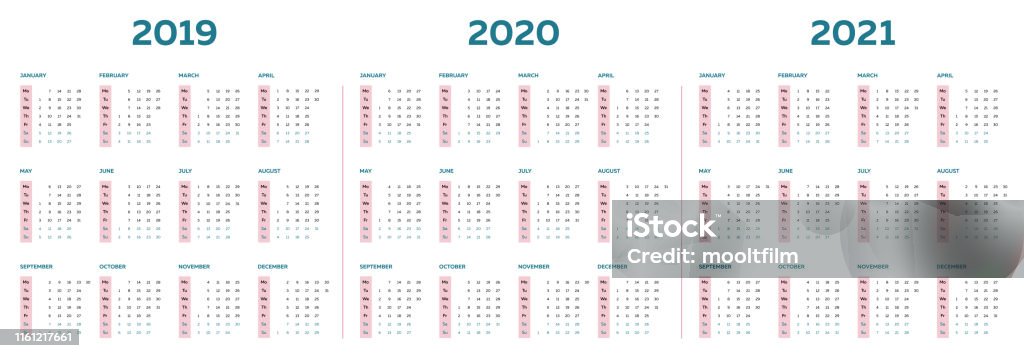 The 2019 2020 2021 Calendar Template With Vertical Monthly Columns Stock  Illustration - Download Image Now - Istock