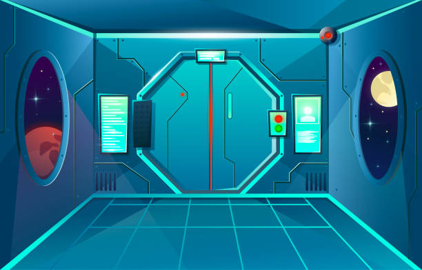 Hallway In Spaceship With Porthole And Camera Futuristic Interior Room With  Door Background For Games And Mobile Applications Vector Cartoon Background  Stock Illustration - Download Image Now - iStock