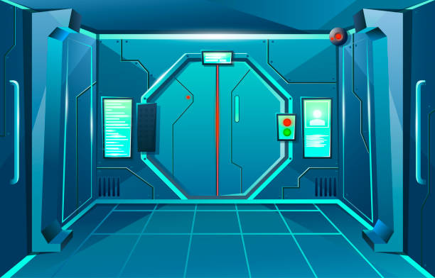 istock Hallway in spaceship with closed door and camera . Futuristic interior room. Background for games and mobile applications. Vector cartoon background 1161217772