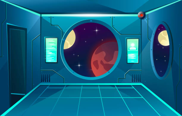 Porthole Di Lorong Di Pesawat Ruang Angkasa Dengan Pintu Planet Bulan Dan  Mars Di Viewport Ruang Interior Futuristik Latar Belakang Untuk Game Dan  Aplikasi Seluler Latar Belakang Kartun Vektor Ilustrasi Stok -