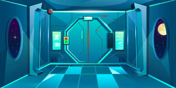 Vector illustration of Hallway in spaceship with porthole and camera . Futuristic interior room with door. Background for games and mobile applications. Vector cartoon background