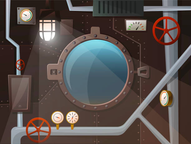 ilustrações de stock, clip art, desenhos animados e ícones de submarine interior with porthole, pipes, gauges, levers, lamp, iron wall with studs. view two the ocean. cartoon style, vector - metal stud