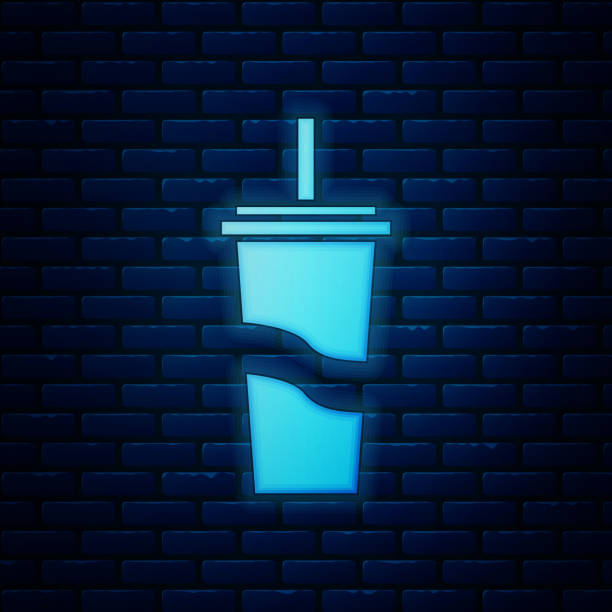istock Glowing neon Paper glass with drinking straw and water icon isolated on brick wall background. Soda drink glass. Fresh cold beverage symbol.  Vector Illustration 1161217964