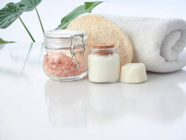 istock Set of spa accessories skin care on a white table 1161218391
