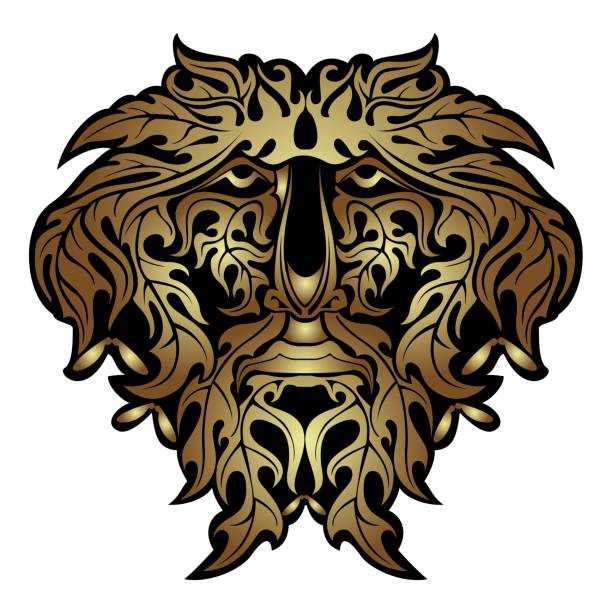 istock Abstract face from golden leaves spirit on white 1161219359