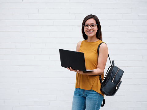 Campus, Vertical, Young Women, Happy, Latin, Laptop, Student, Millennial,