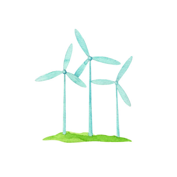 illustrations, cliparts, dessins animés et icônes de générateur de vent d'aquarelle bleu ciel peint à la main - wind turbine wind wind power energy