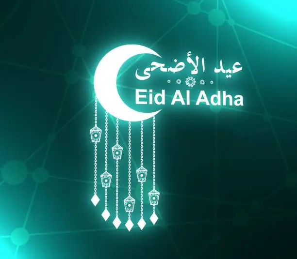 Eid Al Adha design with half moon and hanged lanterns. Happy Sacrifice Feast in arabic calligraphy. Neon bulb illumination. 3D rendering