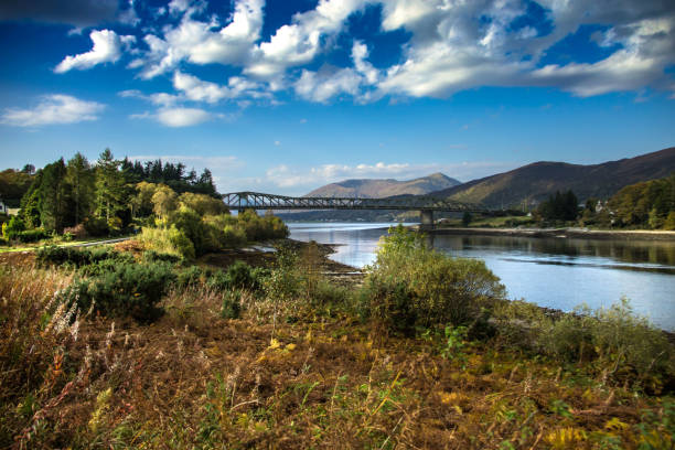 Scenic landscape in Scottish Highlands and Ballachulish Bridge over Loch Leven near Glencoe. Scotland, UK.
