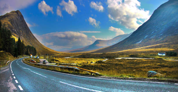 Panoramic view of A82 Road near Glencoe, Lochaber area, Scotland, UK stock photo