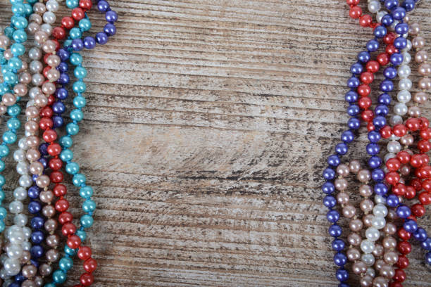 Background of colorful beads on the table. Christmas decoration