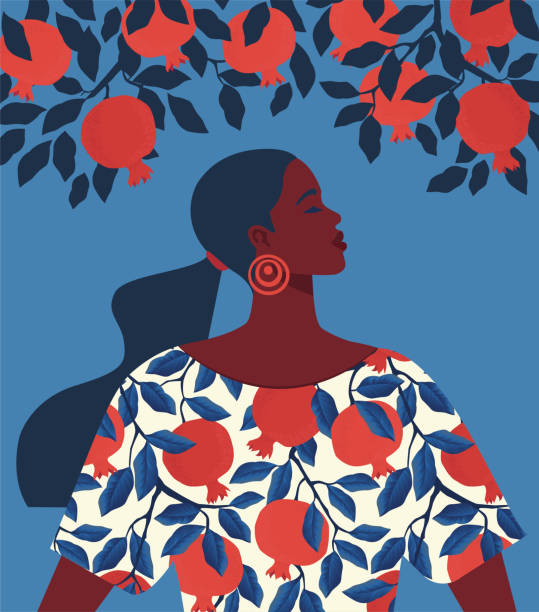 석류 패턴 인쇄 및 가넷 나무 배경 드레스에 아름다운 소녀입니다. - 빨강 일러스트 stock illustrations