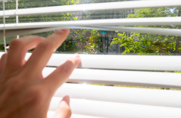 istock hand opens with fingers blinds, outside window there is sunlight and green trees, selective focus 1161239684