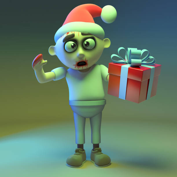 istock Festive zombie monster wears a santa hat and has a gift wrapped present, 3d illustration 1161239855