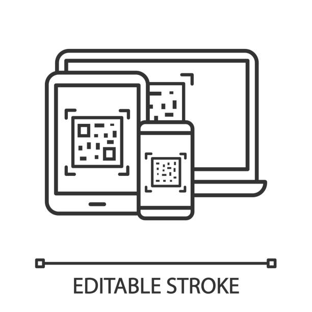 illustrations, cliparts, dessins animés et icônes de codes qr sur l'icône de différents périphériques - coding qr code two dimensional shape bar code