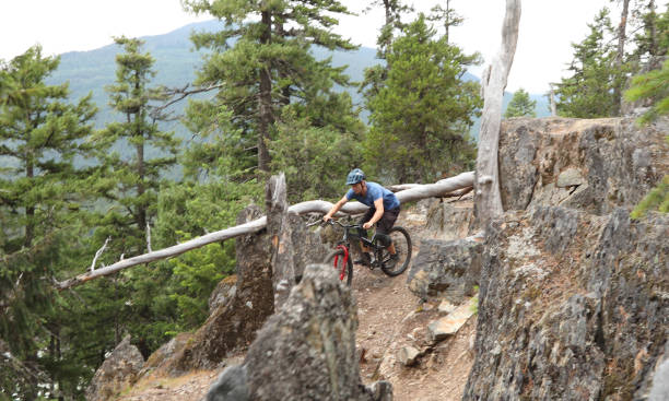 istock Mountain biker rides down steep rock slab 1161241601