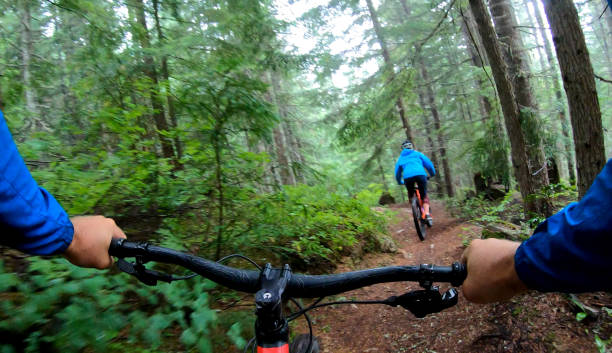 istock View past handlebars to young woman mountain biker riding on rainforest trail 1161241867
