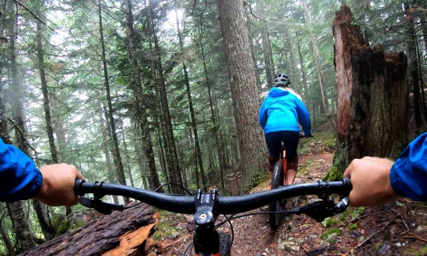 istock View past handlebars to young woman mountain biker riding on rainforest trail 1161241939