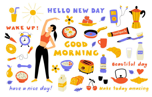 Morning lifestyle, cute doodle set with lettering. Cartoon woman performing exercise, breakfast food. Hand drawn vector illustration. Morning lifestyle, cute doodle set with lettering. Funny cartoon woman performing exercise, breakfast food. Hand drawn vector flat illustration, isolated on white. toothbrush and toothpaste drawing stock illustrations
