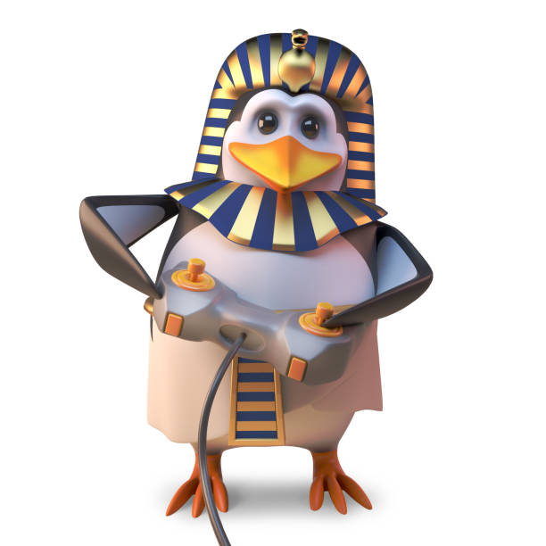 istock Video game fanatic Egyptian pharaoh penguin playing with his joystick controller, 3d illustration 1161244460