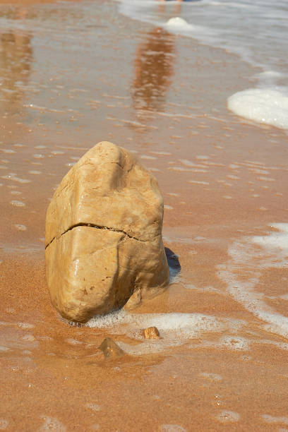 istock Stone with cracks lying on the sand.Sea coast. Wave 1161247934