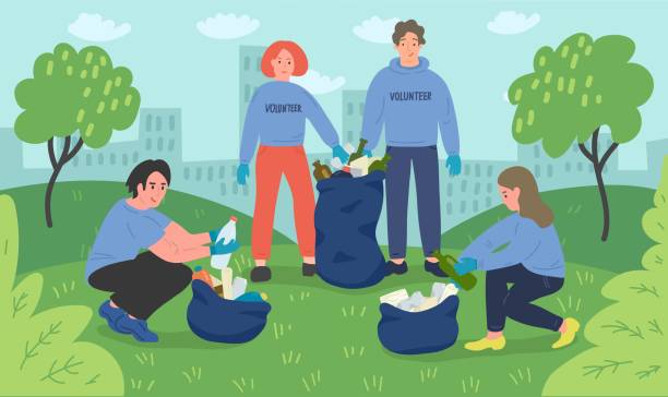 ilustrações, clipart, desenhos animados e ícones de grupo de voluntários dos jovens que limpam o parque da cidade - mulher catando lixo