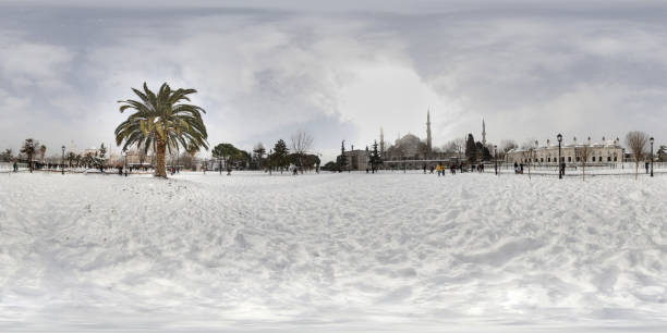 People are having fun in snowy day at Sultanahmet area. Sultanahmet is a very popular touristic area in istanbul city, Turkey