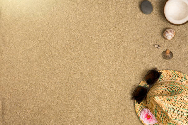 istock Minimalist summer flat lay with, sunglasses and panama hat on sand background 1161256259
