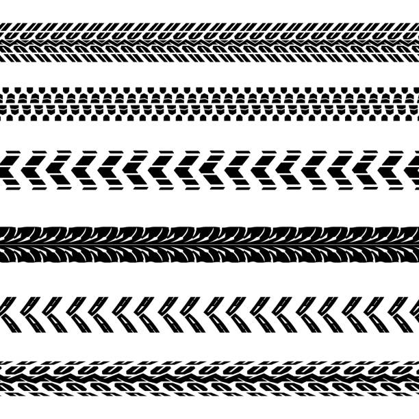 Motorcycle Tire Brush Collection Motorcycle tire tracks vector illustration. Seamless automotive brushes useful for poster, print, flyer, book, booklet, brochure and leaflet design. Editable graphic image in black color. bicycle patterns stock illustrations