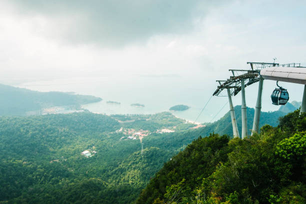 téléphérique au sommet de l'île de langkawi et vue panoramique - tropical rainforest elevated walkway pulau langkawi malaysia photos et images de collection