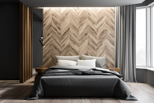 istock Gray and wooden bedroom interior, curtains 1161261373