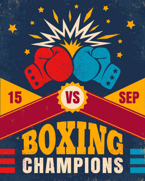 ilustraciones, imágenes clip art, dibujos animados e iconos de stock de cartel vectorial vintage para un boxeo con dos guantes - boxing ring combative sport fighting conflict