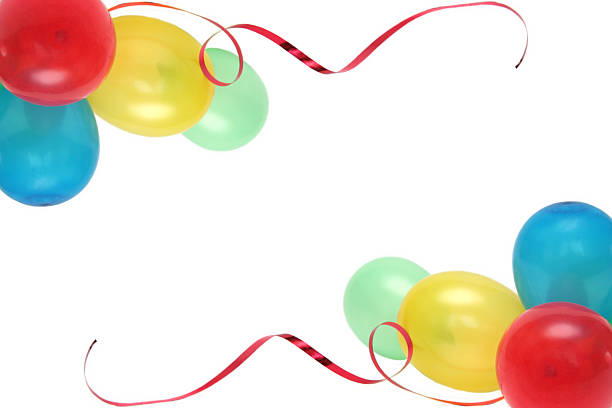 Two horizontal borders of colorful glossy balloons with metallic ribbons, vibrant party background isolated on white