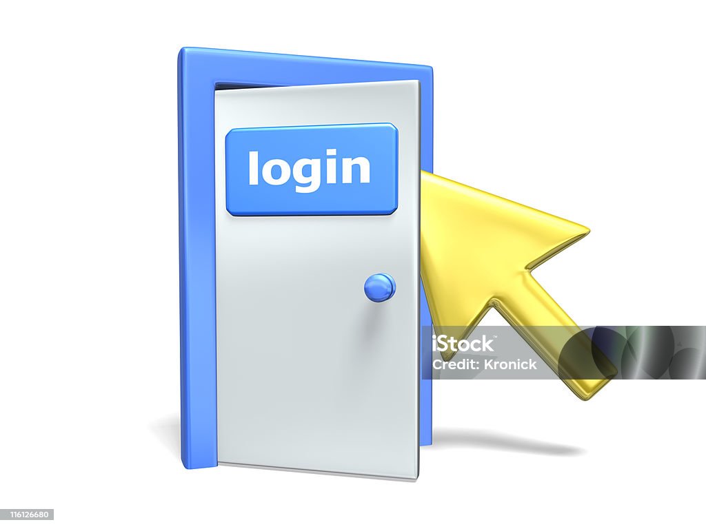 blue login door 3d rendered blue login door with gold cursor, isolated Arrow Symbol Stock Photo