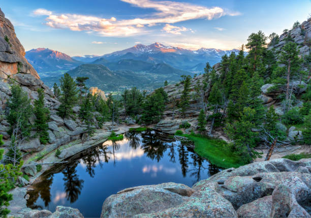 宝石湖とロングスピークサンセット - longs peak ストックフォトと画像