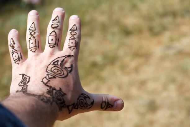 istock Arabic mehendi scorpion drawing on a mans hand on a blurred background of meadows, selective focus 1161275182