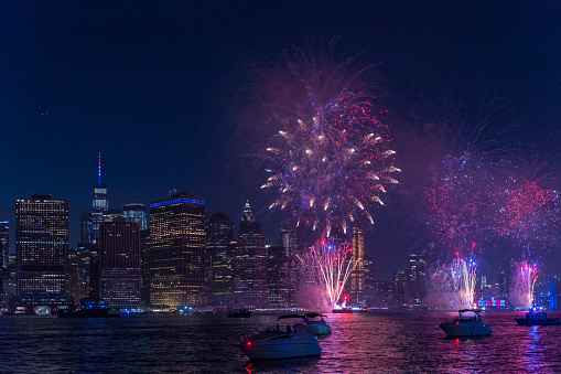 Colorful fireworks in front of Manhattan Downtown