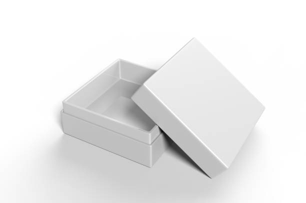 caja de cuello rígido de lujo en blanco blanco con foxing interior para la presentación de marca y maqueta, ilustración 3d. - open container lid jewelry fotografías e imágenes de stock