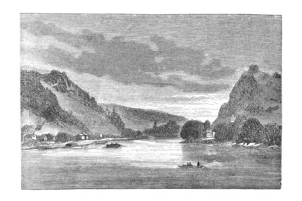 illustrations, cliparts, dessins animés et icônes de illustration antique - vue du danube près de linz -allemagne - danube river illustrations