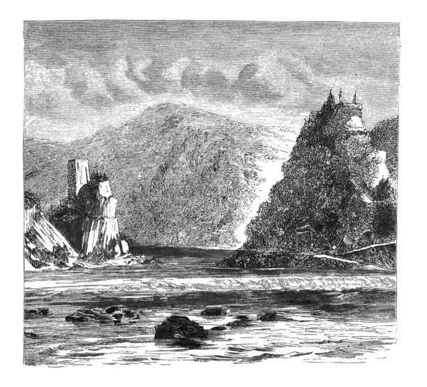 Antique illustration - The Strudel  - section of rapids on the Danube River near Grein - Austria From Harper's magazine - 1872 grein austria stock illustrations