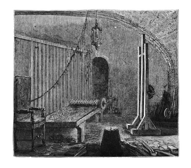 Antique illustration - Torture chamber at Ratisbon From Harper's magazine - 1872 medieval torture drawings stock illustrations